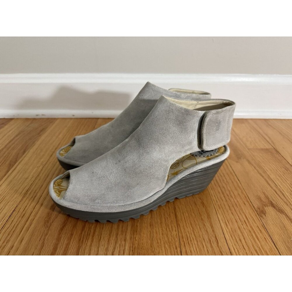 Fly London womens EU 39 US 8 8.5 Yone Peep Toe suede leather wedge heels beige - Picture 4 of 11